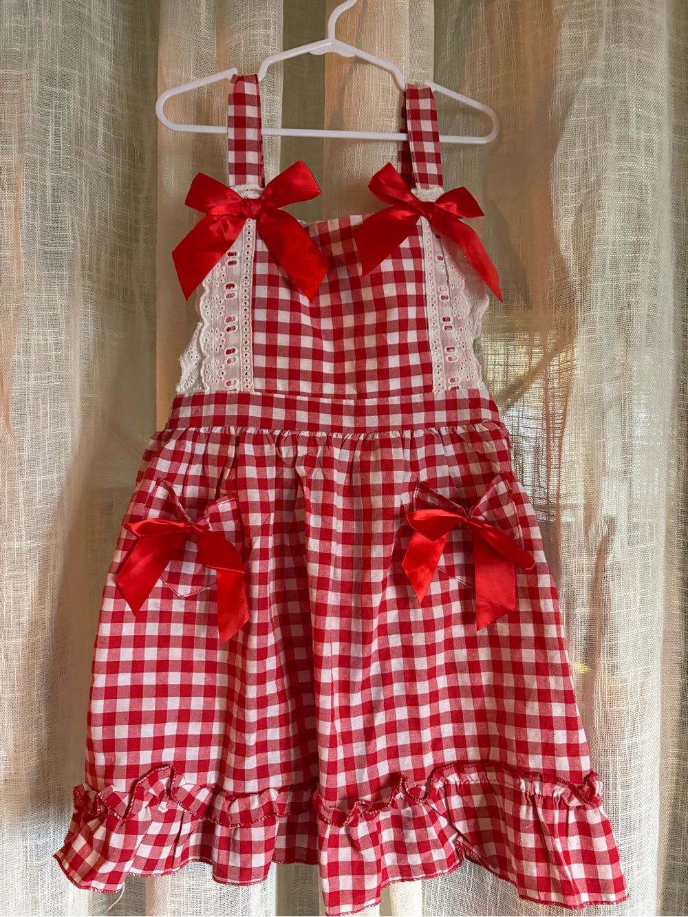 Little Red Riding Hood style Gingham Bow-Accent Kids Dress size 7